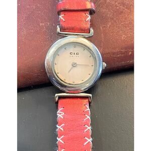 Women's 23mm Silver Tone C&C Swiss Watch, Red Leather Band